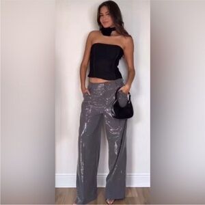 NWT Zara Pewter Grey Sequin Pleated Trousers | Wide Leg | Size XS S